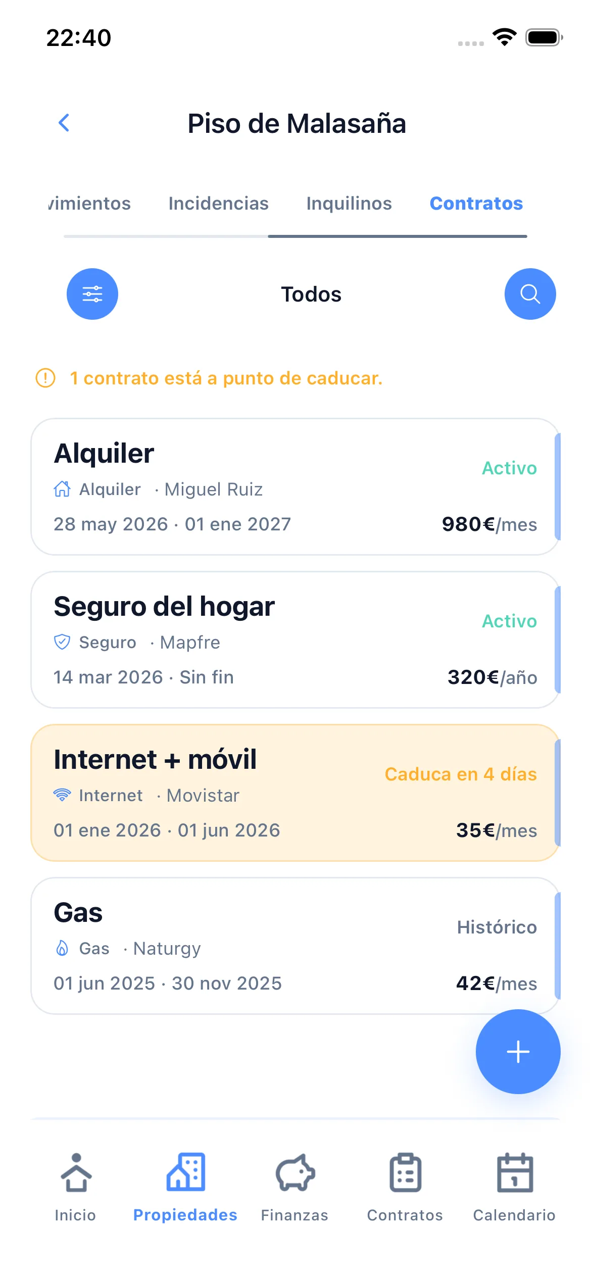 Pantalla de contratos de Livra